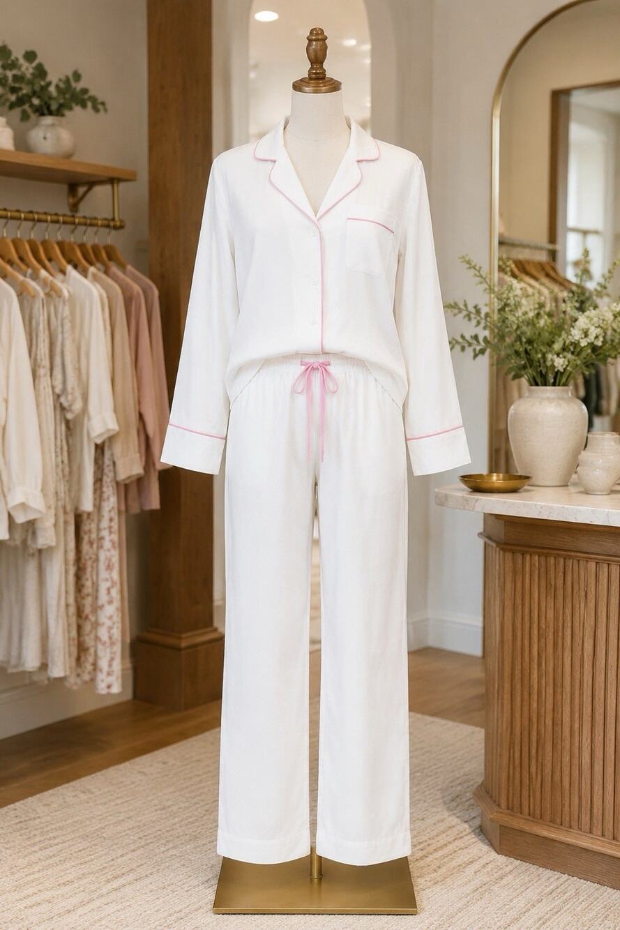 NEEDHAM LANE Logan~ White Pink Cotton Poplin Long Sleeve Pajamas L